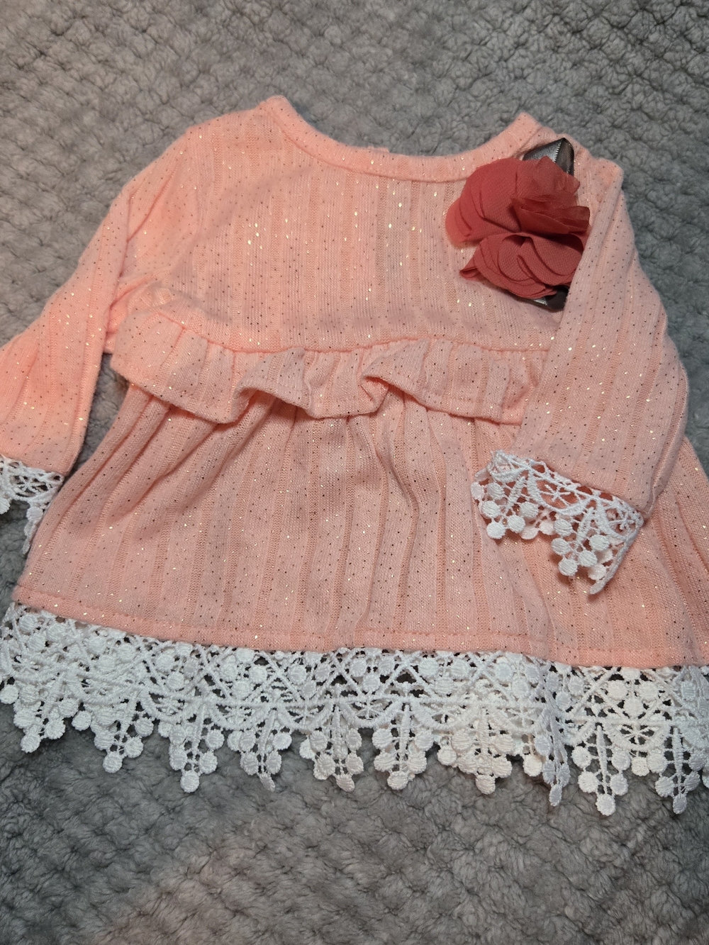 Little Lass Peach Knit Ruffle Top/Dress W Floral and Lace Trim - Size 3/6M